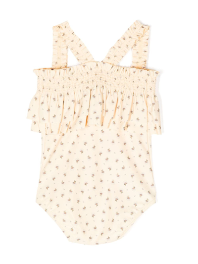Konges Sløjd Babies' Floral-print Ruffled Swimsuit In Yellow