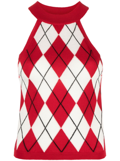 Msgm Argyle Knit Wool Halter Top In Red