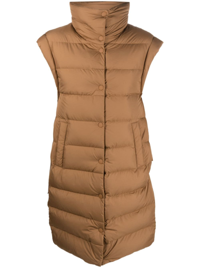Woolrich Long Padded Quilted Gilet In Brown