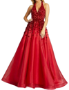 MAC DUGGAL HALTER BALL GOWN IN RUBY RED