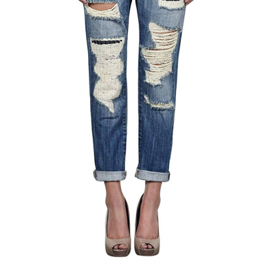 Hidden Slim Fit Low Rise Ripped Boyfriend Denim Jeans In Blue Denim