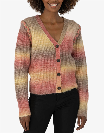 Kut From The Kloth Isla Braided Button Down Cardigan In Oatmeal/coral In Pink