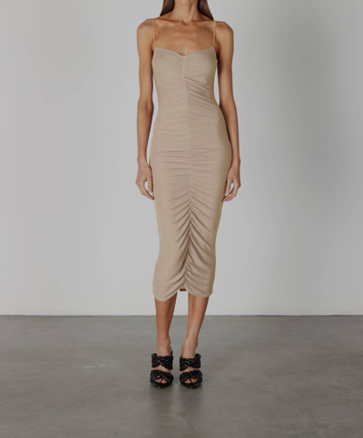 Enza Costa Stretch Silk Knit Ruched Strappy Dress In Oatmilk In Brown