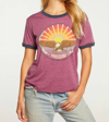 CHASER RECYCLED BLOCKED JERSEY S/S CREW NECK RINGER TEE IN POMEGRANATE AND AVALON
