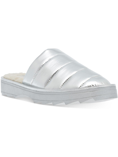 Steve Madden Chex Womens Quilted Faux Fur Lined Slide Slippers In Silver