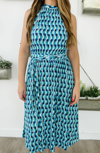 LEOTA MINDY SHIRRED MIDI DRESS IN MOD GEO