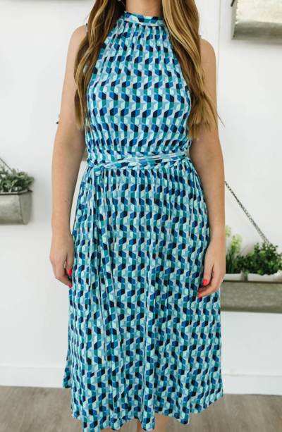 Leota Mindy Shirred Midi Dress In Mod Geo In Blue