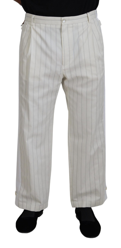 Dolce & Gabbana White Cotton Striped Formal Trousers