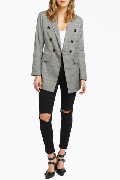Belle & Bloom Double-breasted Prince Of Wales Checked Woven Blazer In Charcoal/blue In Grey