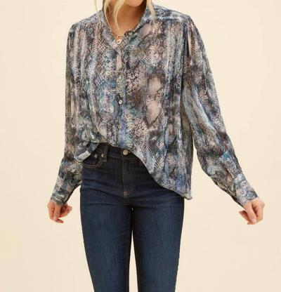 Fifteen Twenty Shirred Blouse In Blue Snake Print In Silver