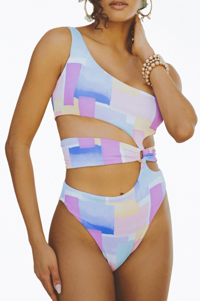 Soah Gaia Retro Ribbed Cutout One-piece Swimsuit In Pastel Shapes In Multi