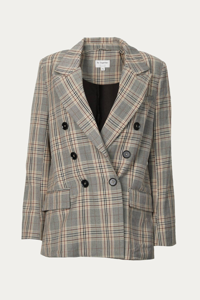 By Together Checked Double-breasted Blazer In Brown Plaid In Grey