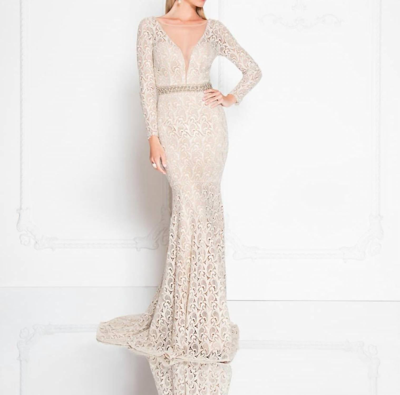 Terani Couture Long Sleeves Lace Gown In Champagne In White