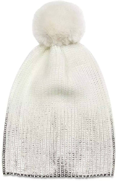 Jocelyn Metallic Pom Pom Knit Hat Beanie In Ivory Silver In Beige