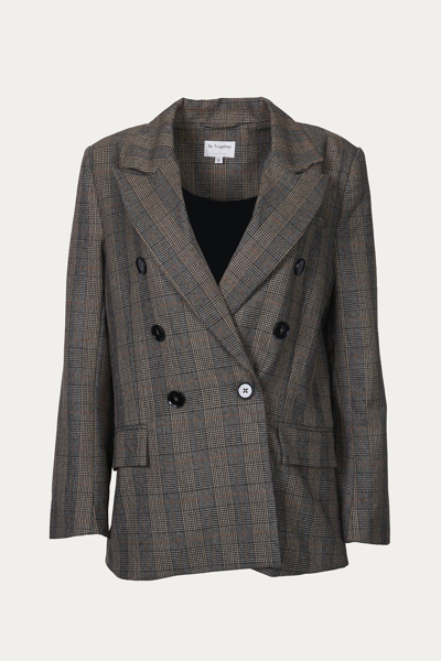 By Together Prince Of Wales Double-breasted Blazer In Brown In Grey