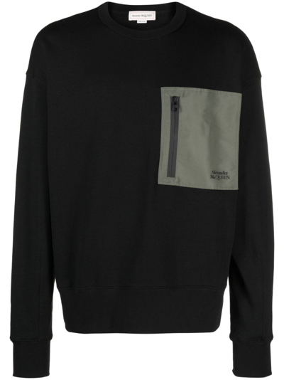 Alexander Mcqueen Contrasting Pocket Crew Neck Sweatshirt In Deep Black