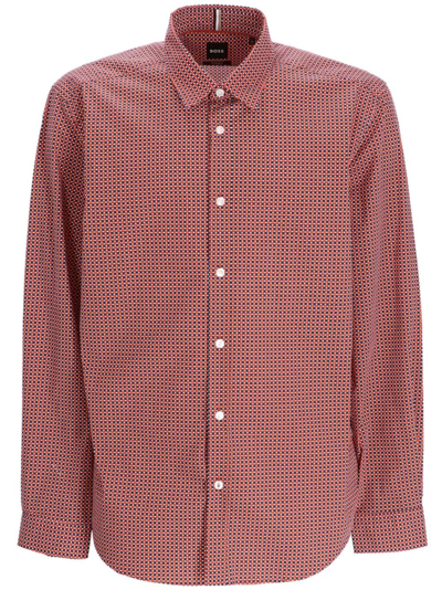 Hugo Boss Grid-pattern Long-sleeve Shirt In Red