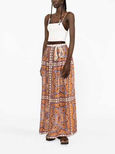 Zimmermann Halcyon Printed Linen Maxi Skirt In Orange