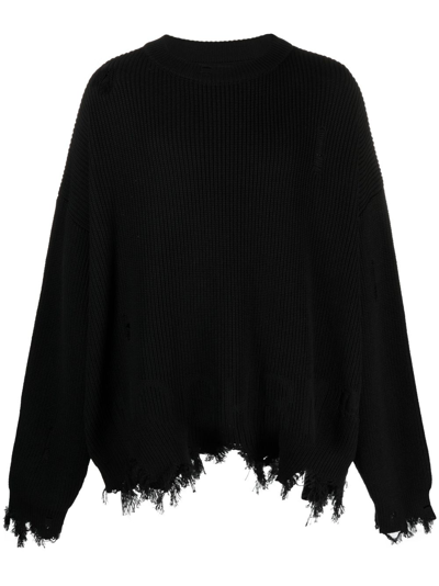 Monochrome Ribbed-knit Ripped Jumper In Black