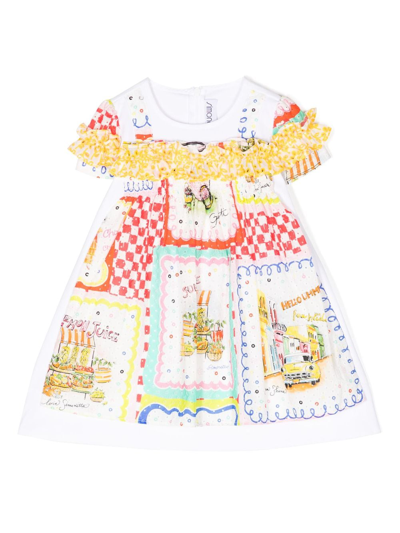 Simonetta Kids' Illustration-print Ruffle-trim Flared Dress In White