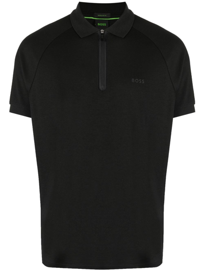 Hugo Boss Logo-print Zipped Polo Shirt In Black