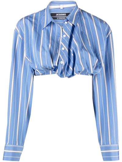 Jacquemus La Chemise Bahia Cotton Blend Crop Shirt In Blue_stripes