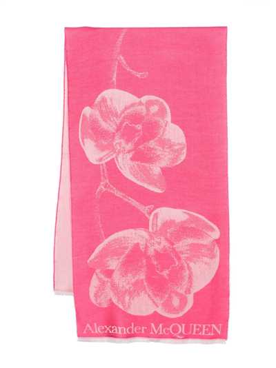 Alexander Mcqueen Flower-print Wool-silk Scarf In Pink