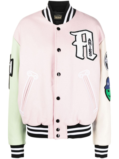 Aries Logo-patch Colour-block Varsity Jacket In Pink
