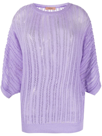 Twinset Batwing-sleeve Open-knit Top In Purple