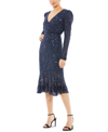 Mac Duggal Sequined Long Sleeve Midi Trumpet Dress In Midnight