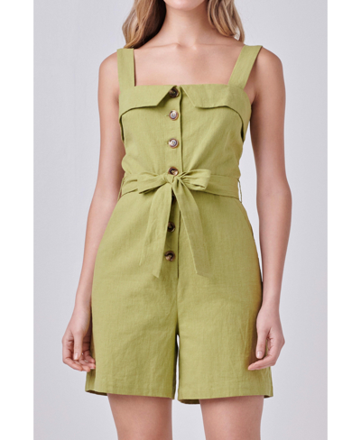 English Factory Women's Linen Romper With Self Tie And Buttons In Green