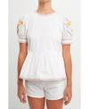 English Factory Embroidered Peplum Cotton Top In Ivory/multi