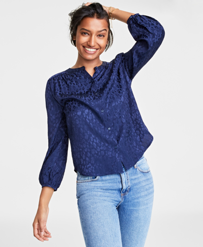 On 34th Women's Button-front Jacquard Shirt, Created For Macy's In Intrepid Blue
