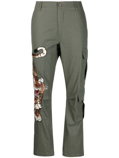P.a.r.o.s.h Tiger-motif Embroidered Cargo Trousers In Green