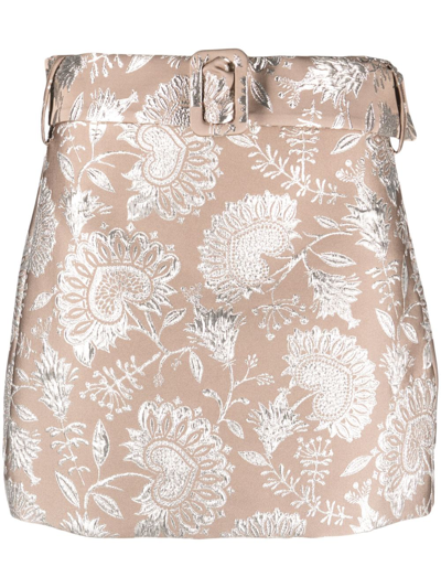 P.a.r.o.s.h Botanical-print Brocade Belted Skirt In Neutrals
