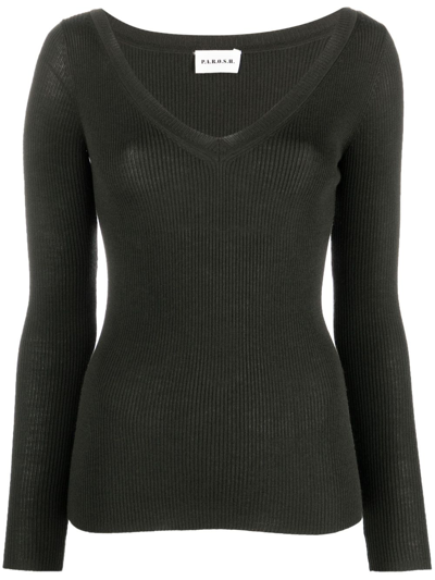 P.a.r.o.s.h V-neck Ribbed Wool Jumper In Verde Oliva