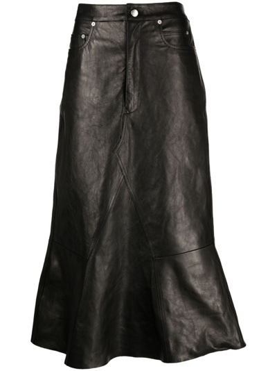 Rick Owens A-line Leather Midi Skirt In Black