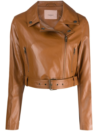 Twinset Zip-up Faux-leather Biker Jacket In Brown