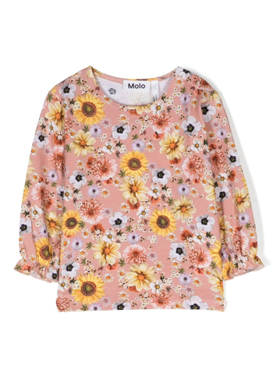 Molo Babies' Floral-print Organic Cotton T-shirt In Pink