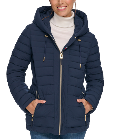 Tommy Hilfiger Women's Stretch Hooded Packable Puffer Coat, Created For Macy's In Navy