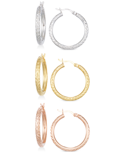 Macy's Set Of Three Textured Hoop Earrings In 14k Tri-gold Vermeil In Tri-color