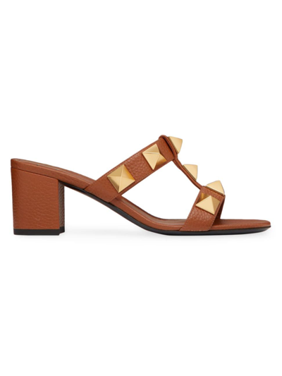 Valentino Garavani Women's Roman Stud Slide Sandals In Grainy Calfskin In Saddle Brown