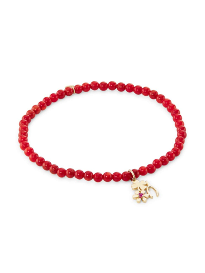 Sydney Evan Women's Lucky Wish 14k Yellow Gold, Coral & Ruby Beaded Stretch Bracelet In Red