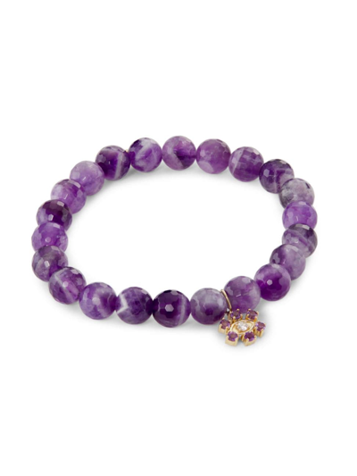 Sydney Evan Women's 14k Yellow Gold, Amethyst & 0.0513 Tcw Diamond Beaded Evil Eye Stretch Bracelet In Purple