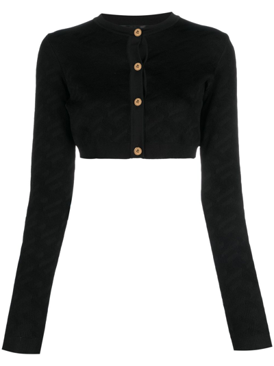 Versace Logo Jacquard Knit Crop Cardigan In 1b000 Black