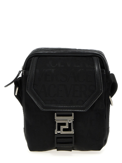 Versace Logo Jacquard Nylon Messenger Bag In Black