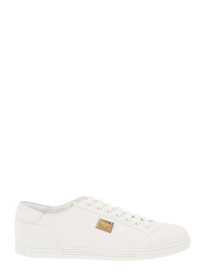 DOLCE & GABBANA 'PORTOFINO' WHITE MONOCROM LOW TOP SNEAKERS WITH LOGO PLAQUE IN LEATHER MAN