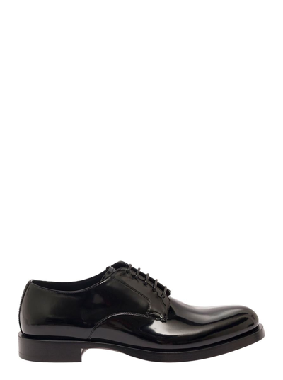 DOLCE & GABBANA BLACK DERBY SHOES WITH BRANDED OUTSOLE IN POLISHED LEATHER WOMAN