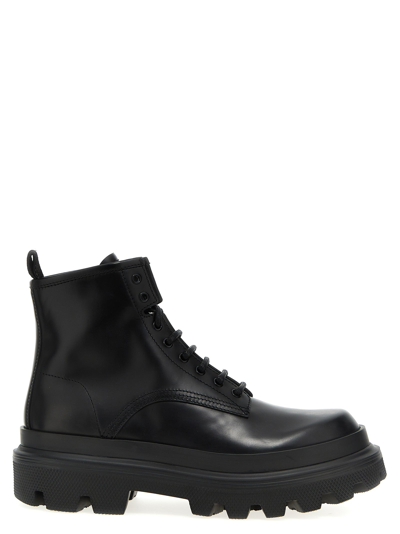Dolce & Gabbana Black Ankle Boots With Chunky Platform And Logo Plaque In Leather Blend Man