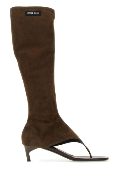 Miu Miu Brown Suede Thong Boots In Marrone